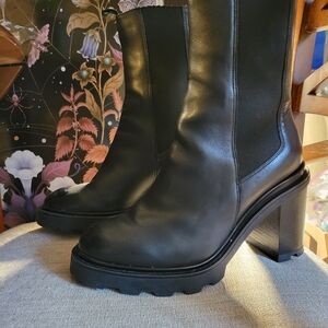 Annabella Size 40 Black Leather Chunky Heel Pull On Platform Boots W/ Tread